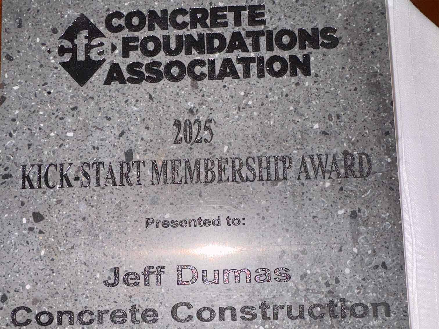 Jeff Dumas Concrete Construction, a concrete contractor based in Salt Lake City, UT, receives an award at the Concrete Foundations Association conference.
